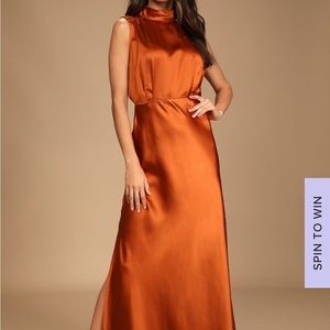 Lulus Classic Elegance Copper Satin Sleeveless Mock Neck Maxi Dress